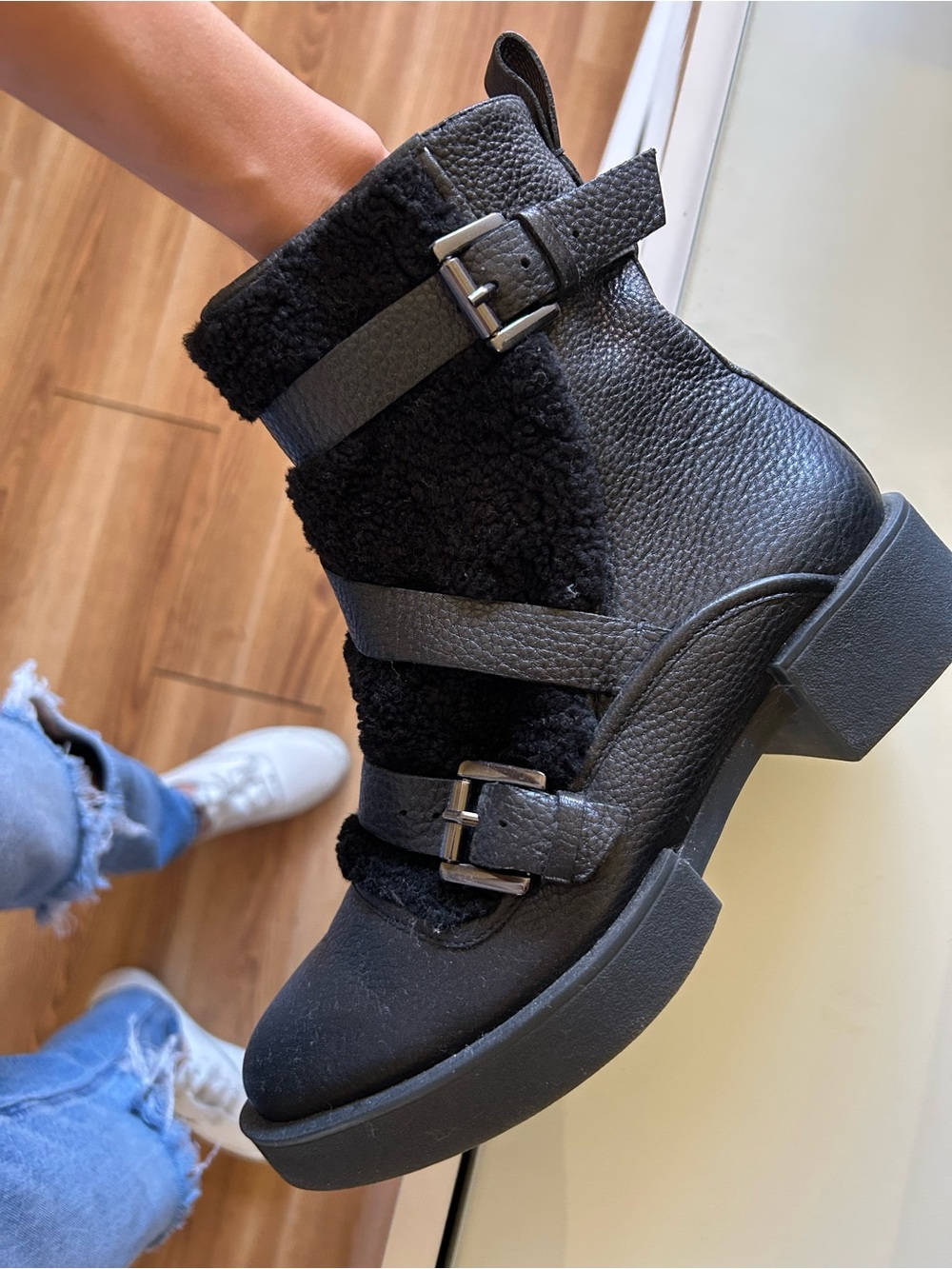 Women’s Black leather Buckle Ankle Boots with Shearling Trim